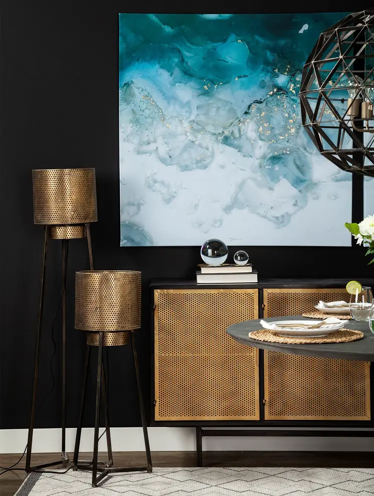 54" Gold And Black Metal LED Floor Lamp With Gold Metal Drum Shade