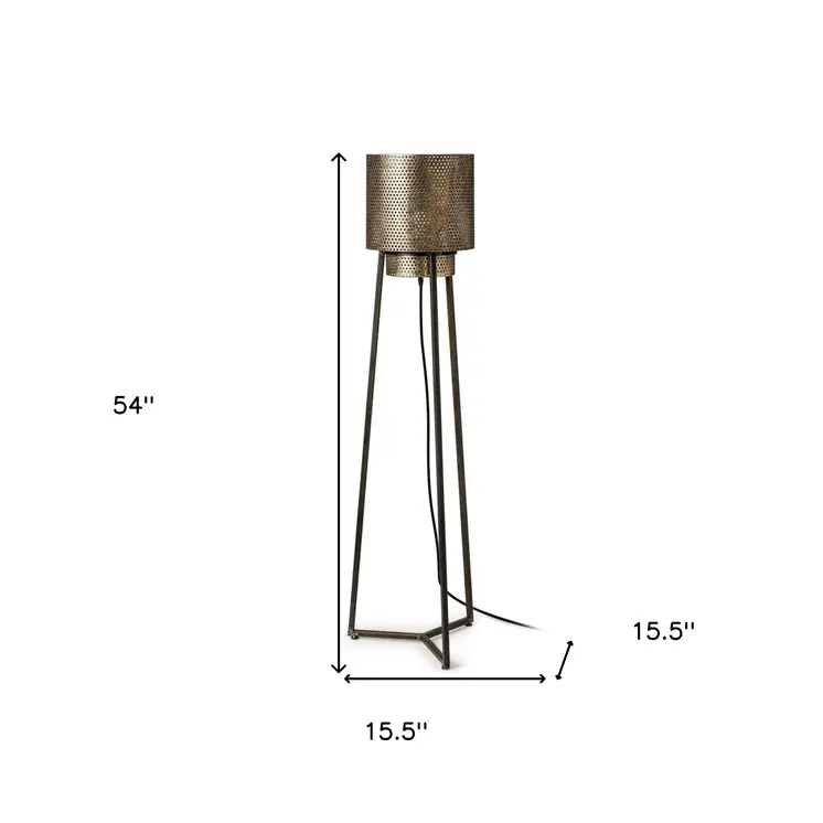 54" Gold And Black Metal LED Floor Lamp With Gold Metal Drum Shade