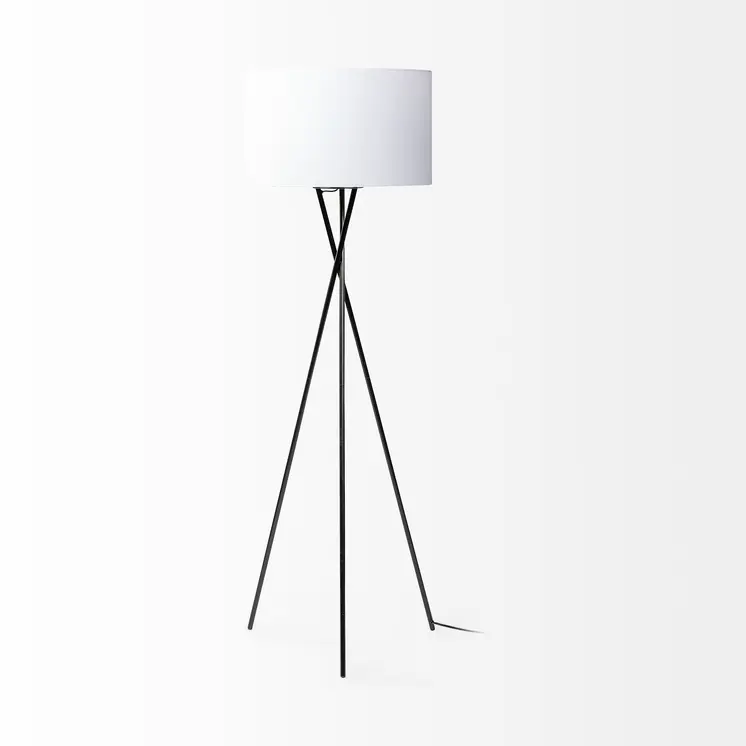 66" Black Tripod Floor Lamp With White Fabric Drum Shade