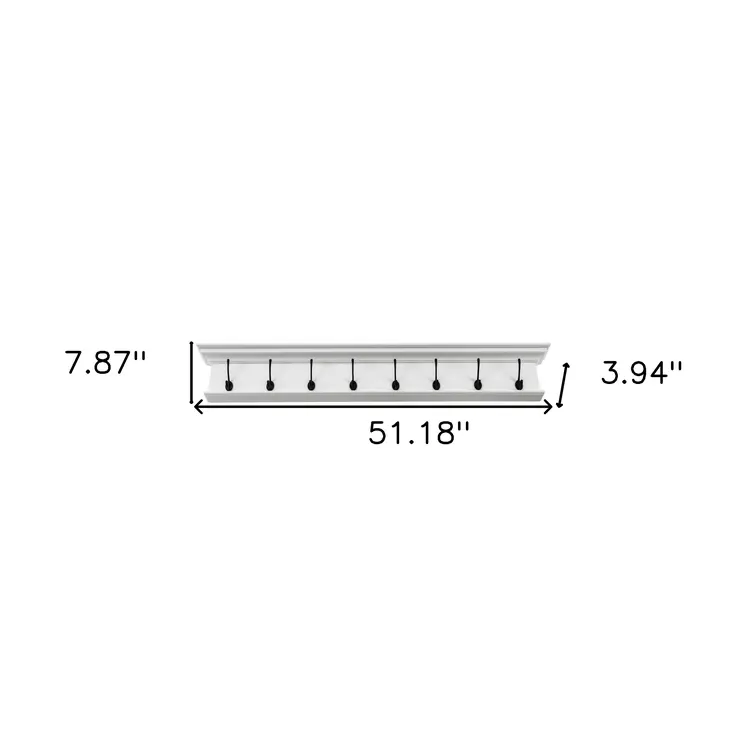 51" White Solid Wood Eight Hook Wall Mount Coat Rack