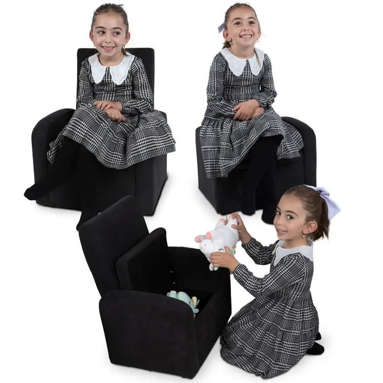 Kids Black Comfy Upholstered Recliner Chair with Storage