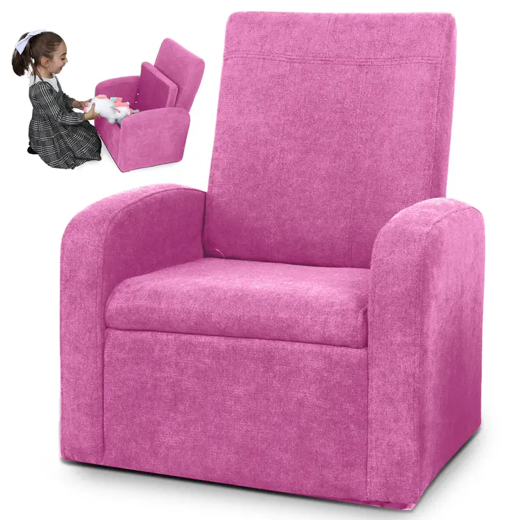 Kids Pink Comfy Upholstered Recliner Chair with Storage