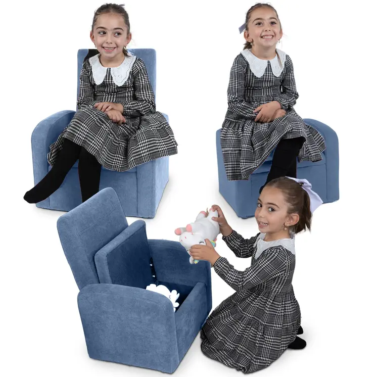 Kids Blue Comfy Upholstered Recliner Chair with Storage