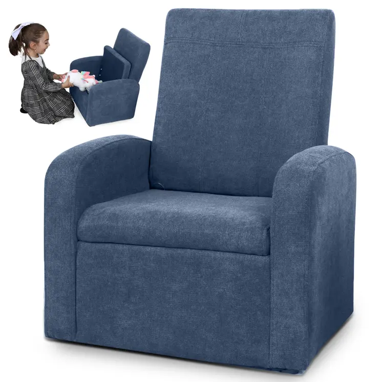 Kids Blue Comfy Upholstered Recliner Chair with Storage