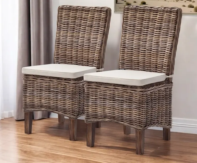 Set of Two Cream And Brown Rattan Dining Parsons Chairs