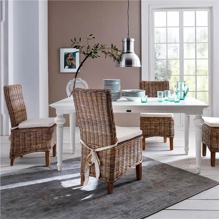 Set of Two Cream And Brown Rattan Dining Parsons Chairs