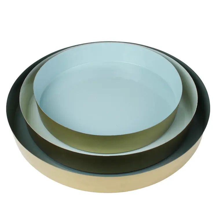 Set of Three Gold And Blue Round Metal Handmade Serving Trays