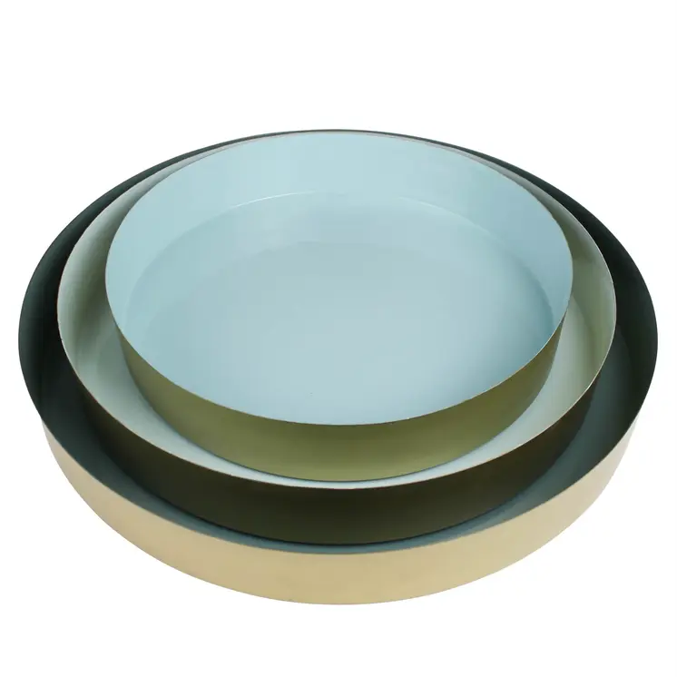 Set of Three Gold And Blue Round Metal Handmade Serving Trays