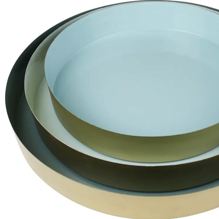 Set of Three Gold And Blue Round Metal Handmade Serving Trays