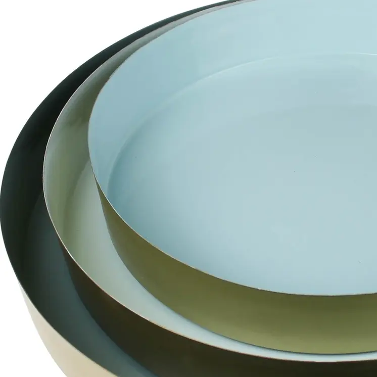 Set of Three Gold And Blue Round Metal Handmade Serving Trays