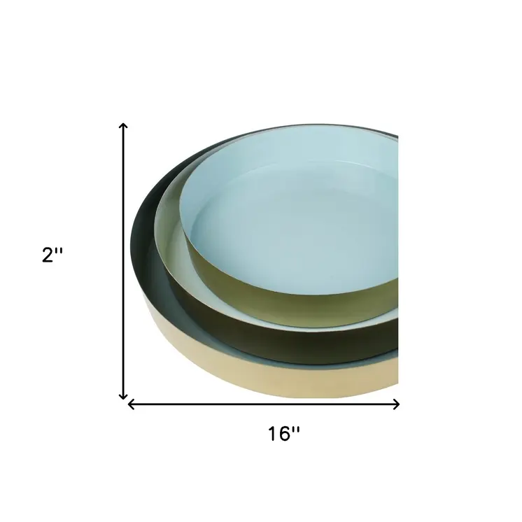 Set of Three Gold And Blue Round Metal Handmade Serving Trays