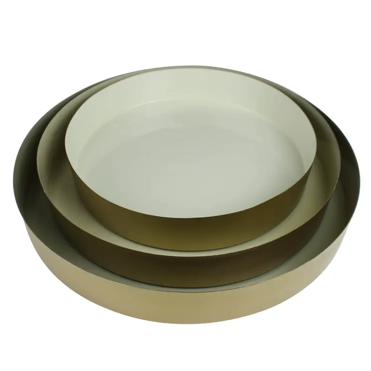 Set of Three Gold And Beige Round Metal Handmade Serving Trays
