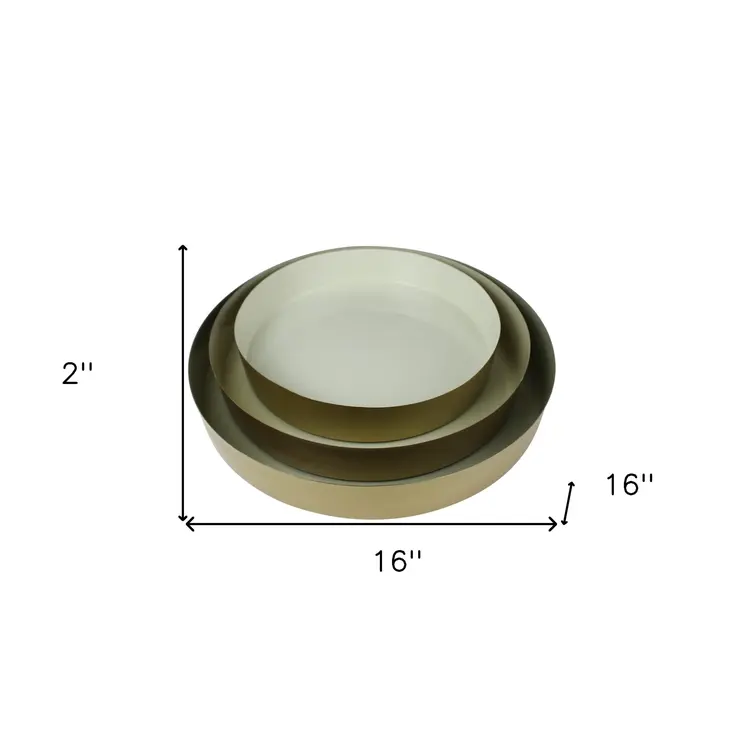 Set of Three Gold And Beige Round Metal Handmade Serving Trays
