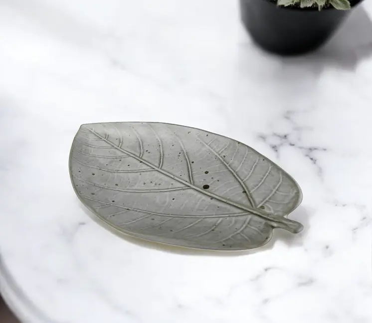 6" Gray Begonia Leaf Ceramic Handmade Serving Tray