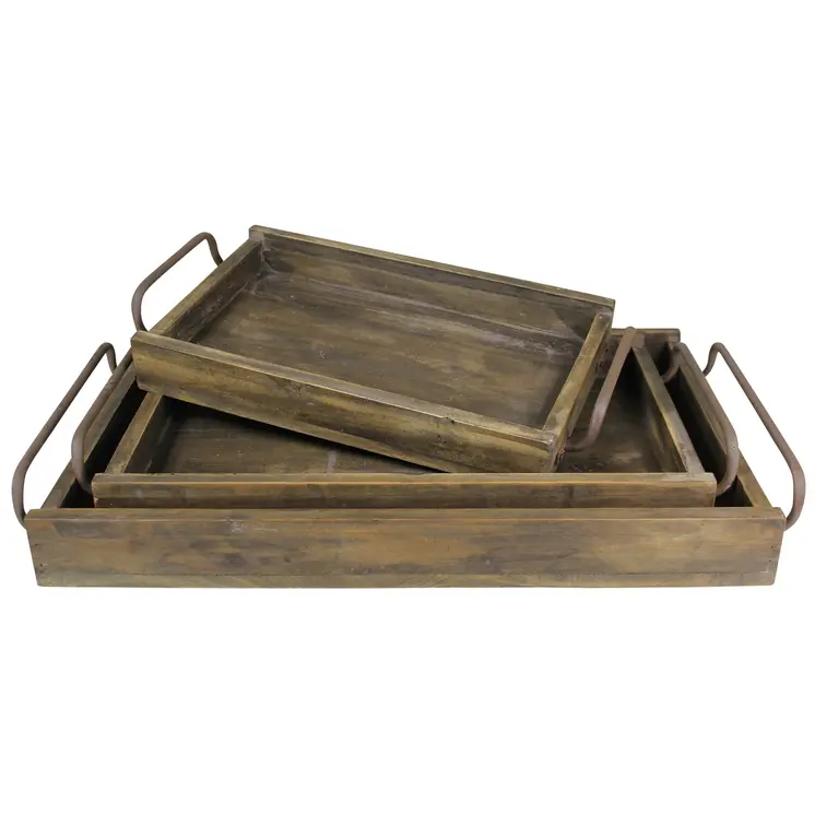 Set of Three Dark Brown Wood Trays With Handles