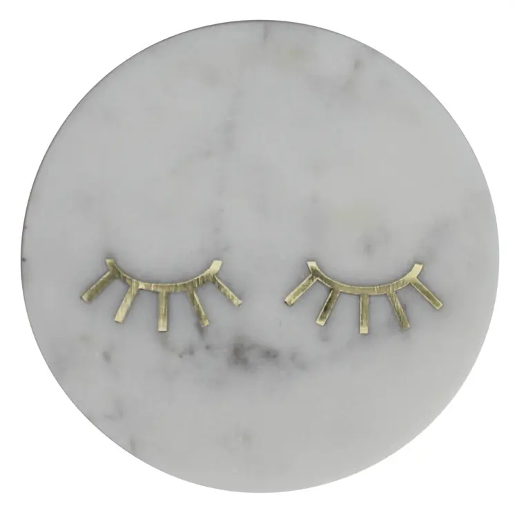 6" Gold And White Round Marble Inlaid Eyelashes Serving Tray