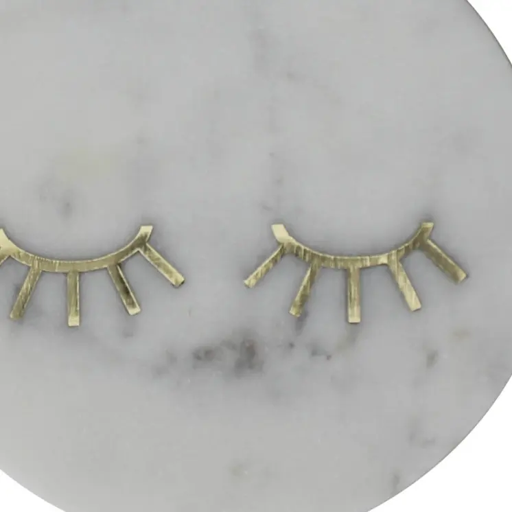 6" Gold And White Round Marble Inlaid Eyelashes Serving Tray