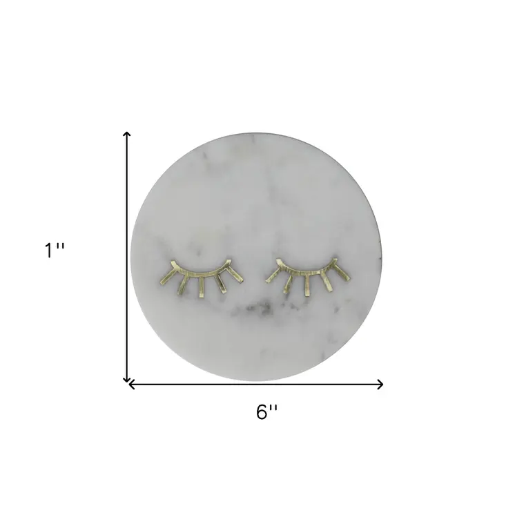 6" Gold And White Round Marble Inlaid Eyelashes Serving Tray