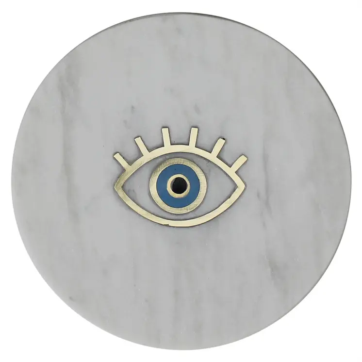 6" Gold And White Round Marble Inlaid Eye Serving Tray