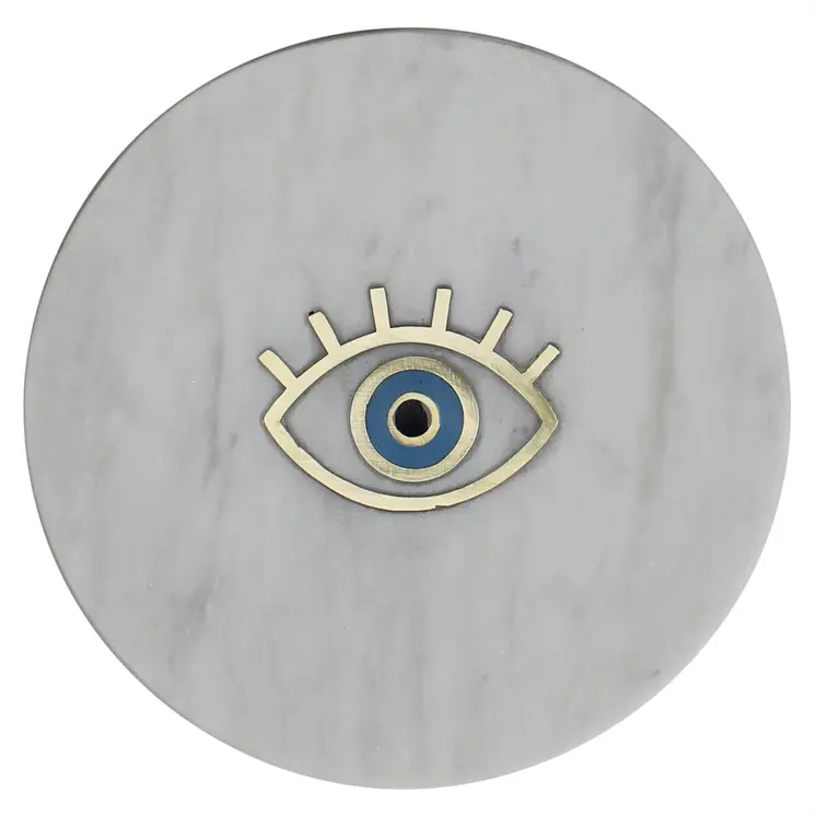 6" Gold And White Round Marble Inlaid Eye Serving Tray