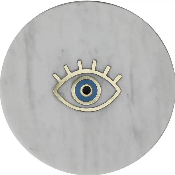 6" Gold And White Round Marble Inlaid Eye Serving Tray