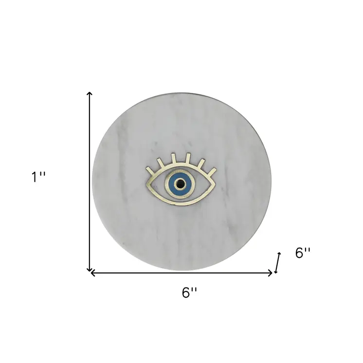 6" Gold And White Round Marble Inlaid Eye Serving Tray
