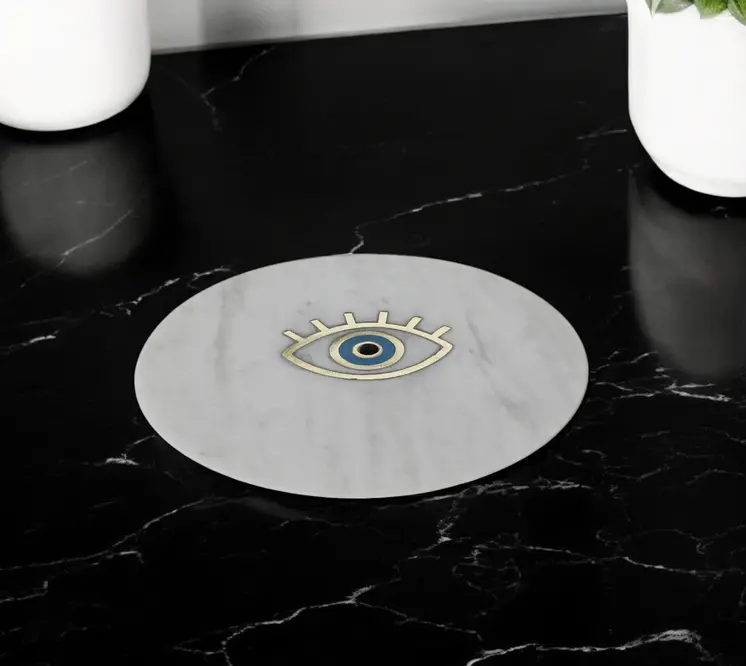 6" Gold And White Round Marble Inlaid Eye Serving Tray