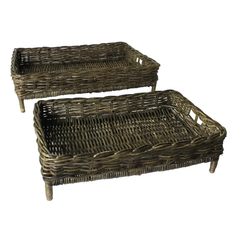 Set of Two Brown And Gray Rattan Hand Finished Serving Tray With Handles
