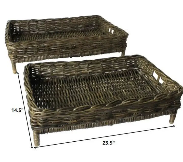 Set of Two Brown And Gray Rattan Hand Finished Serving Tray With Handles