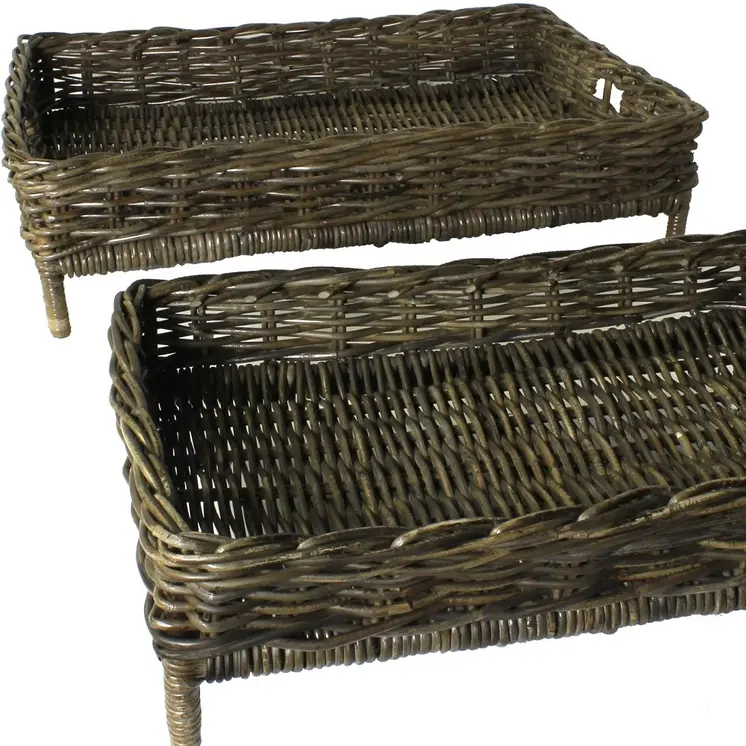 Set of Two Brown And Gray Rattan Hand Finished Serving Tray With Handles