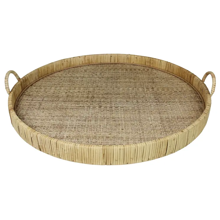 24" Natural Round Bamboo Handmade Serving Tray With Handles