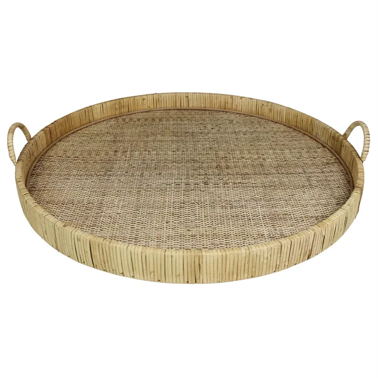24" Natural Round Bamboo Handmade Serving Tray With Handles