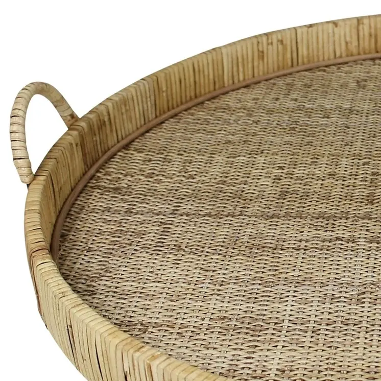 24" Natural Round Bamboo Handmade Serving Tray With Handles
