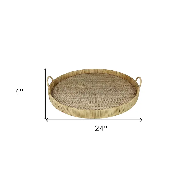 24" Natural Round Bamboo Handmade Serving Tray With Handles