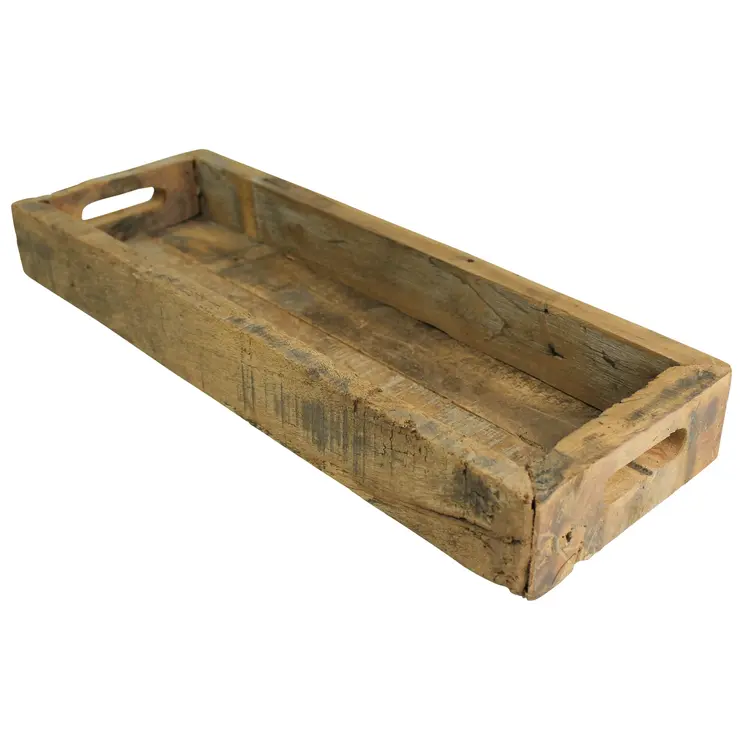 24" Natural Reclaimed Wood Rustic Narrow Serving Tray With Handles