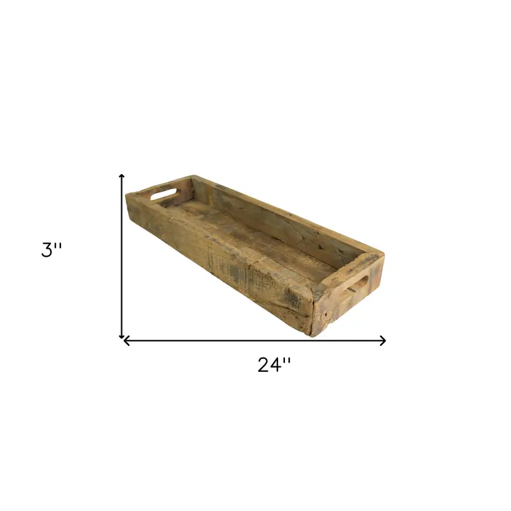 24" Natural Reclaimed Wood Rustic Narrow Serving Tray With Handles