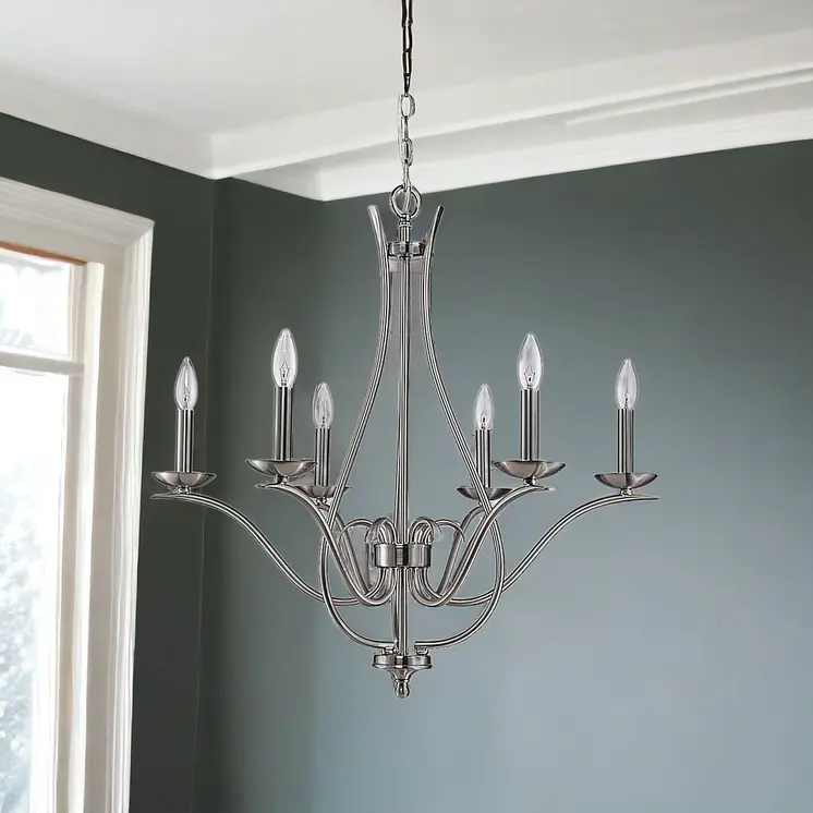 Nickel Candle Style Six Light Metal Dimmable Chandelier