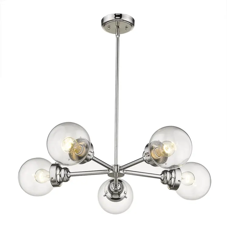 Silver Five Light Metal Dimmable Chandelier With Clear Shades