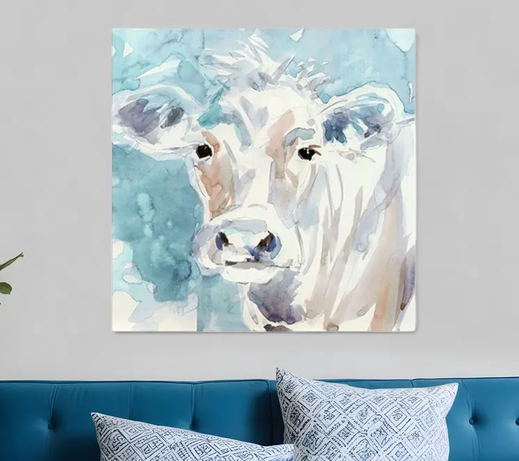 40" x 40" Blue Pastel Watercolor Cow Unframed Canvas Wall Art