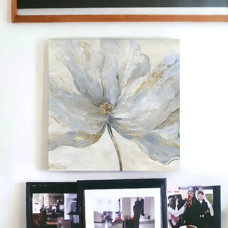 Soft Blue And Grey Flower With Gold Details Unframed Print Wall Art