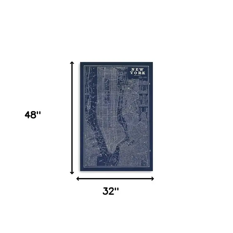 48" x 32" Indigo and White Aerial New York Map Canvas Wall Art