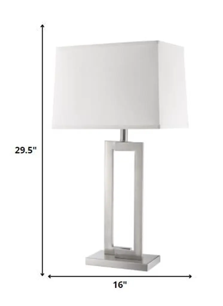 30" Silver Metal Table Lamp With White Rectangular Shade