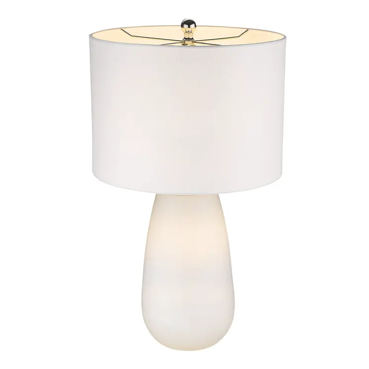 28" White Glass Table Lamp With White Drum Shade