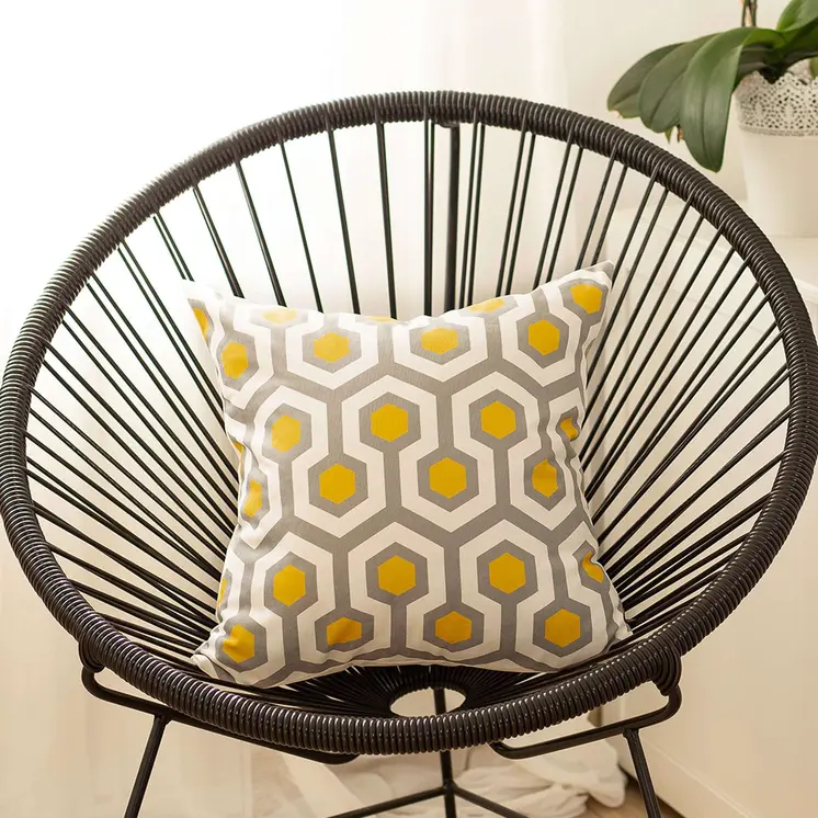Yellow and Gray Geometric Circuit Throw Pillow