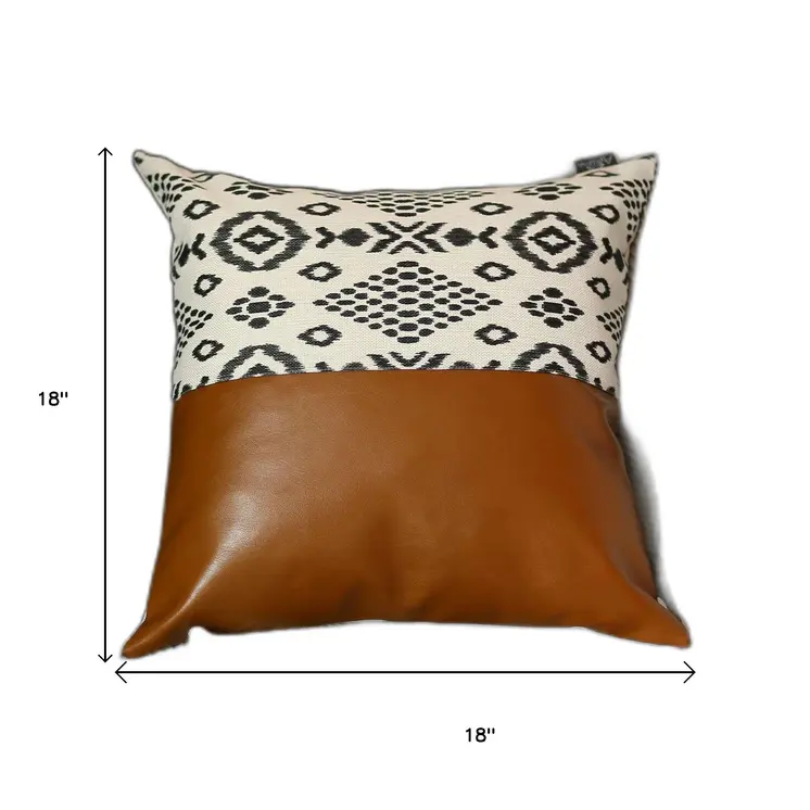 18" Brown Black And Ivory Geometric Faux Leather And Fabric Throw Pillow
