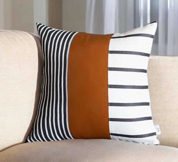 Bohemian Faux Leather and Striped Throw Pillow