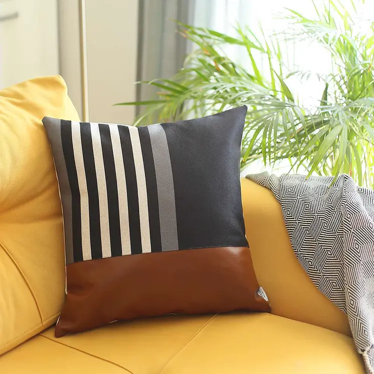 18" Brown Black And Ivory Geometric Faux Leather And Fabric Throw Pillow