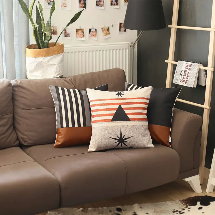 18" Brown Black And Ivory Geometric Faux Leather And Fabric Throw Pillow