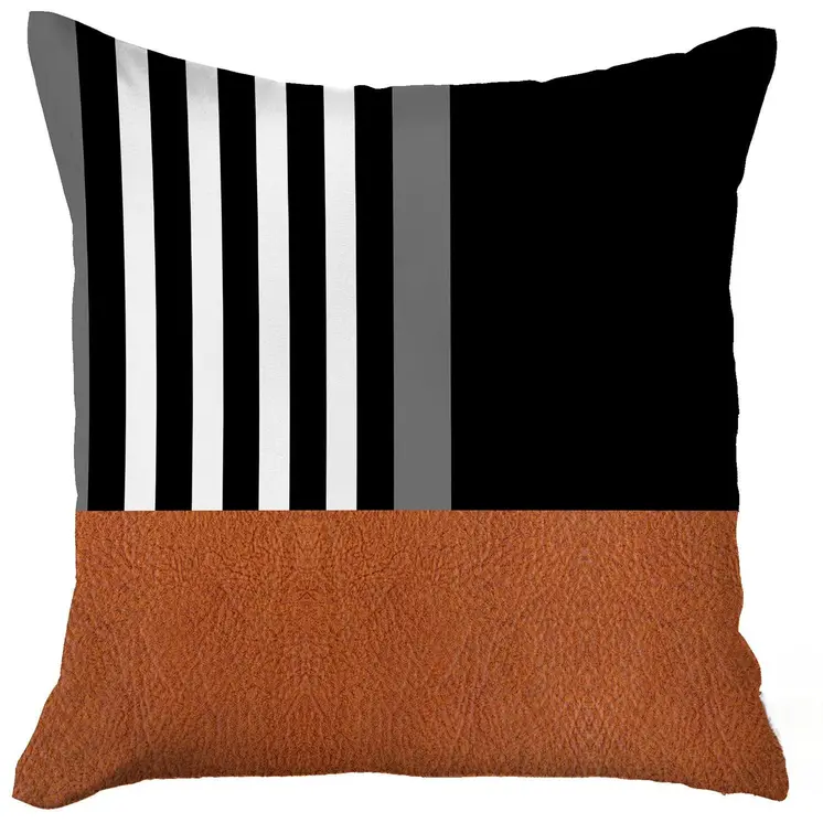 18" Brown Black And Ivory Geometric Faux Leather And Fabric Throw Pillow