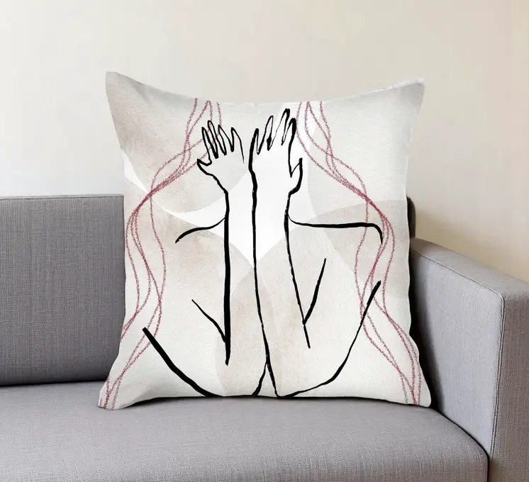 18" White And Black Abstract Hiding Face Fabric Throw Pillow